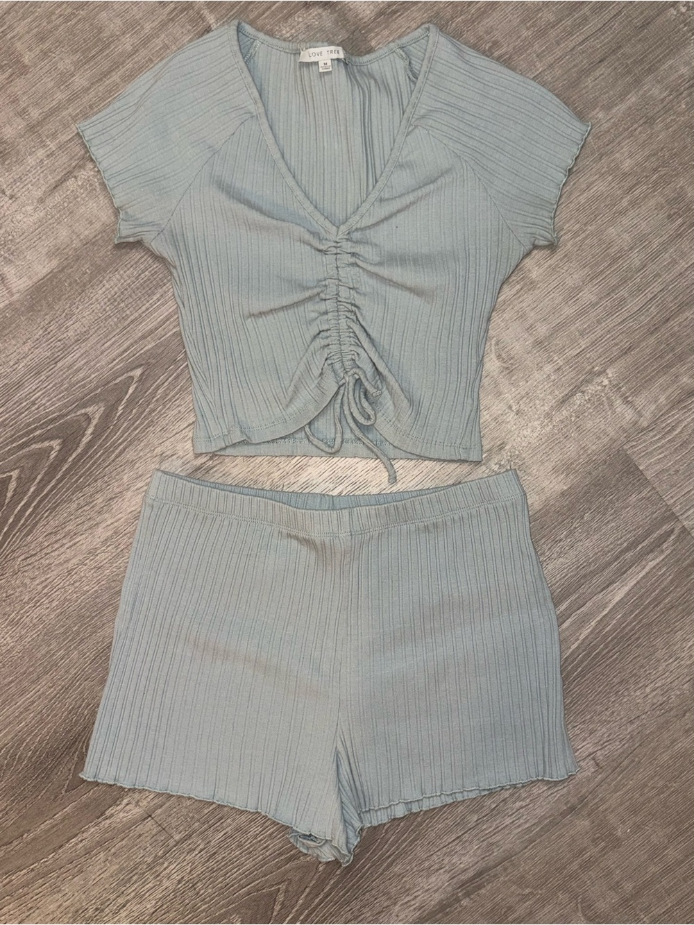 Love Tree Dusty Blue Ribbed Ruched Crop Top & Lounge Shorts Set